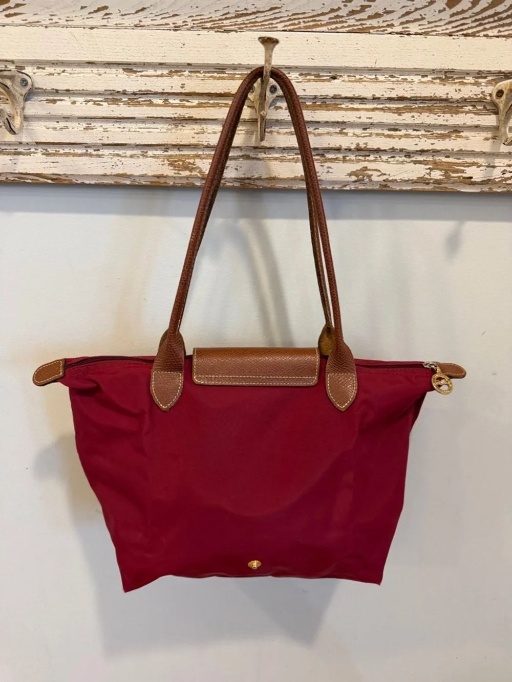 Longchamp Red Nylon Tote with Brown Leather Trim - Picture 4 of 14